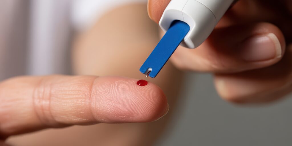 vecteezy diabetes blood glucose test with glucometer on finger 73294632